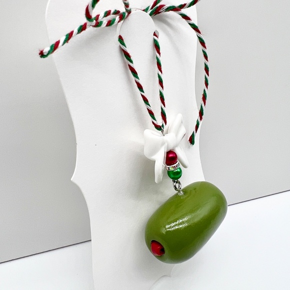 Christmas Olive Ornament – Handmade Polymer Clay Olive with Bow | Funny Holiday - Picture 7 of 9